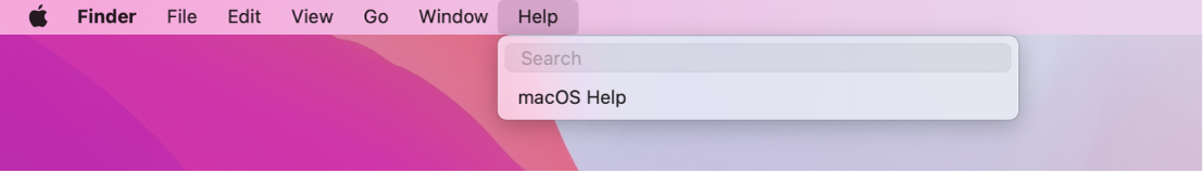 A partial desktop with the Help menu open, showing menu options for Search and macOS Help.