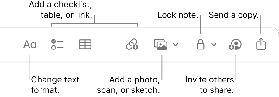 The Notes toolbar showing the text format, checklist, table, link, photos/media, lock, share, and send a copy tools.