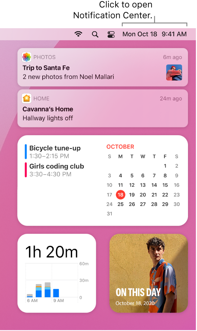 Notification Center with notifications and widgets for Photos, Home, Calendar, and ScreenTime.