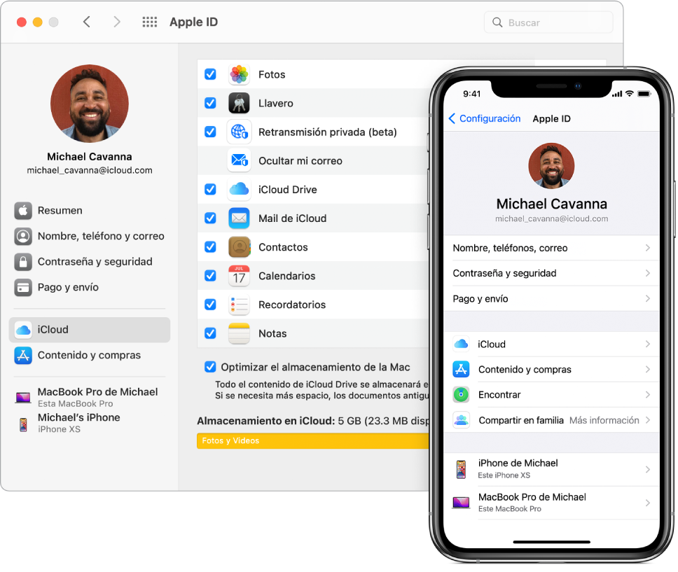 Configuración de iCloud en un iPhone, y la ventana de iCloud en una Mac.