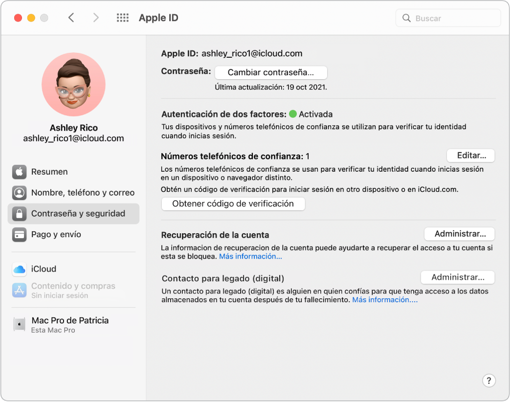 La sección “Contraseña y seguridad” de Apple ID en Preferencias del Sistema. Haz clic en Administrar para configurar la recuperación de cuenta.