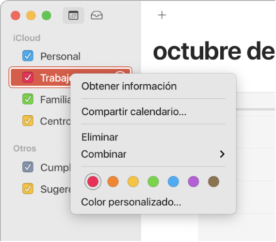 Menú de función rápida de Calendario con opciones para personalizar el color de un calendario.