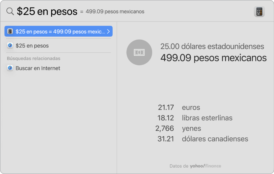 Una captura de pantalla mostrando la conversión de dólares a pesos, un resultado mostrando la conversión y varios resultados más que se pueden seleccionar.