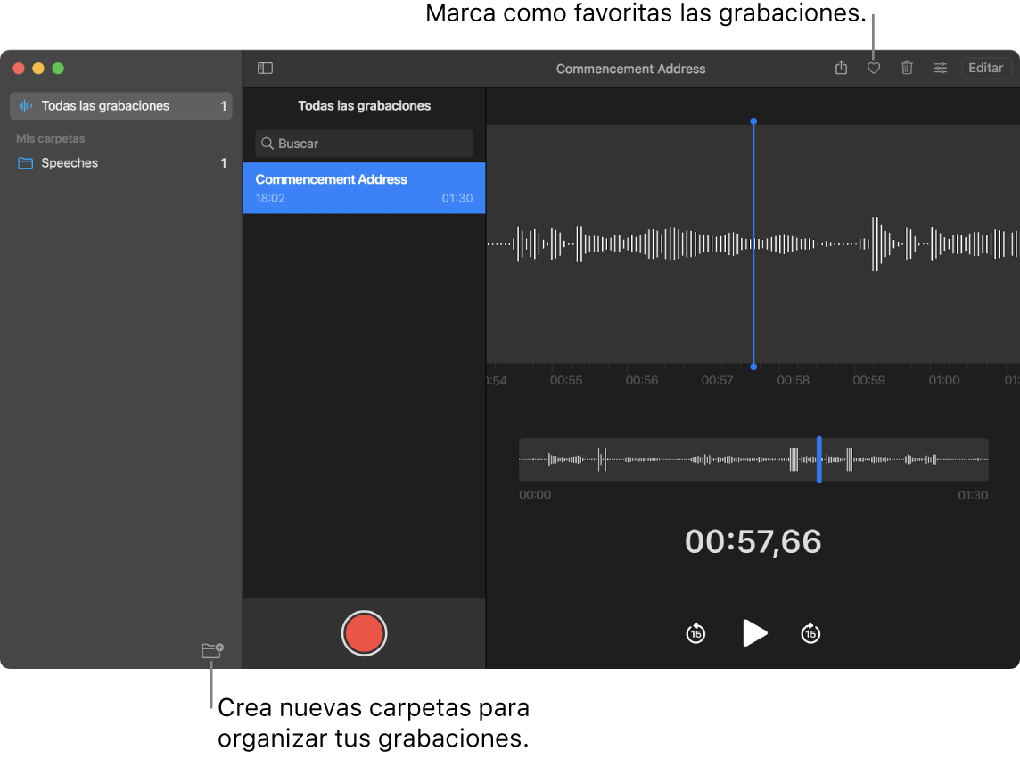 La ventana Notas de Voz que indica cómo crear nuevas carpetas o marcar una grabación como favorita.