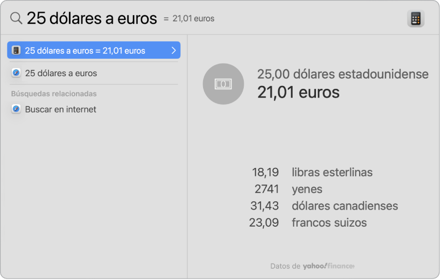 Una captura de pantalla con dólares convertidos en pesos con un mejor resultado que muestra la conversión y varios resultados que puedes seleccionar.