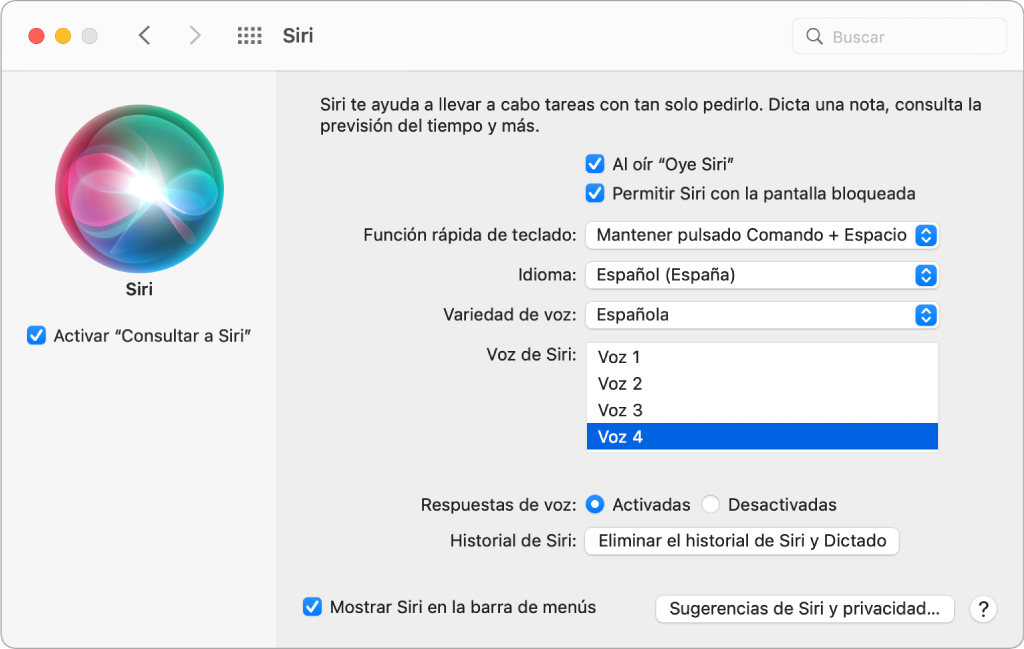 La ventana de preferencias de Siri, donde la casilla “Activar ‘Consultar a Siri’” aparece seleccionada a la izquierda y se muestran varias opciones para personalizar Siri a la derecha, como “Al oír ‘Oye Siri’”.