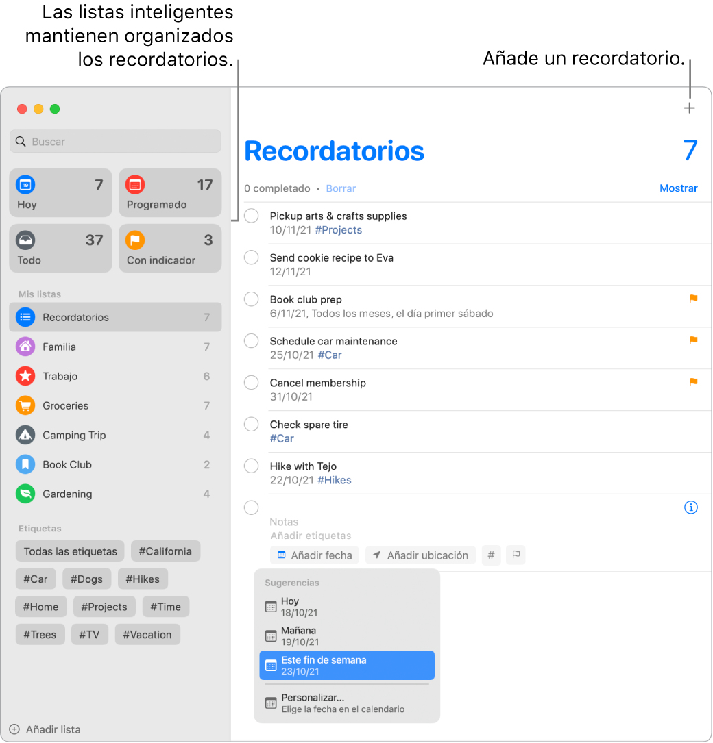 Una ventana Recordatorios con listas inteligentes a la izquierda y otros recordatorios y listas debajo. Una ventana pequeña en el menú Sugerencias abierta, con sugerencias para Hoy, Mañana, “Este fin de semana” y Personalizado.