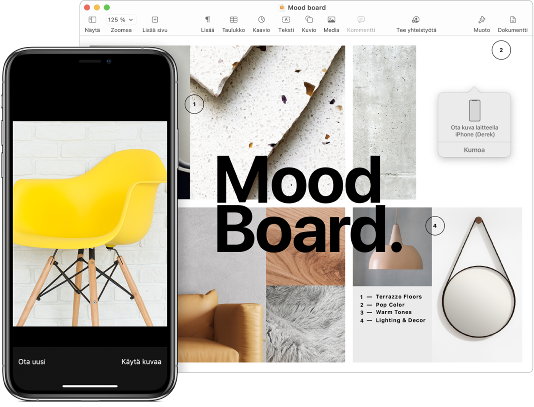iPhone, jossa näkyy kuva, ja Macin näyttö, jossa näkyy Pages-dokumentti ja kehotelaatikko, johon kuva sijoitetaan.