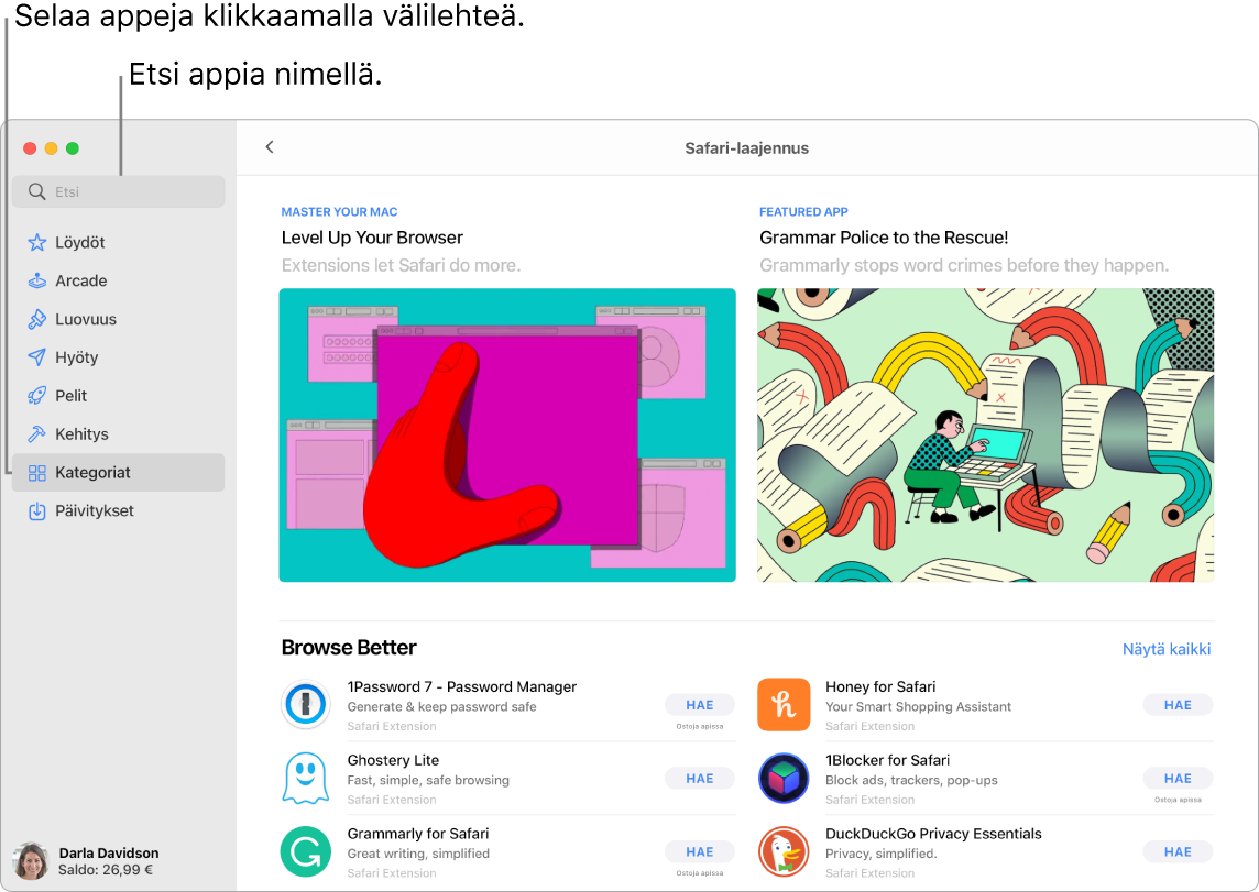 App Store -ikkuna, jossa näkyy hakukenttä ja Safarin laajennusten sivu.