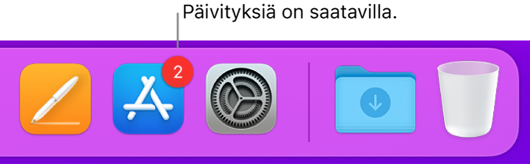 Dockin osa, jossa näkyy App Store -kuvake, jossa oleva merkki osoittaa, että päivityksiä on saatavilla.