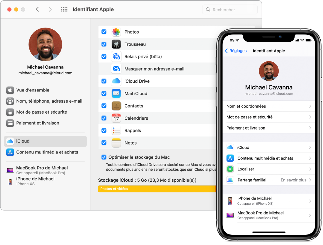 Les réglages iCloud d’un iPhone et la fenêtre iCloud sur un Mac.