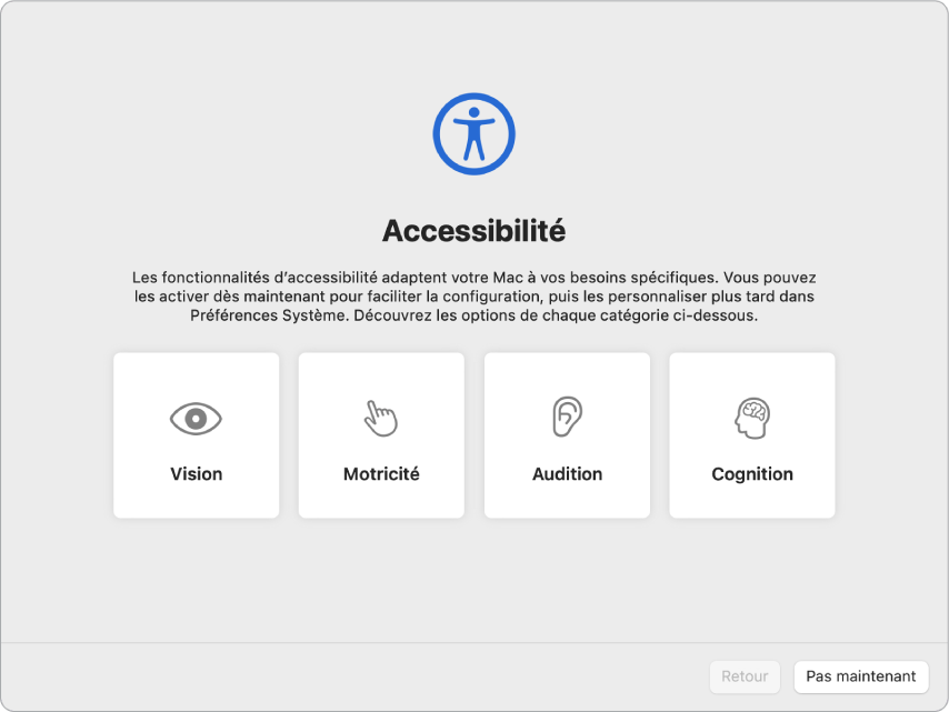 L’écran d’un Mac avec l’Assistant réglages ouvert sur l’écran de Bienvenue.