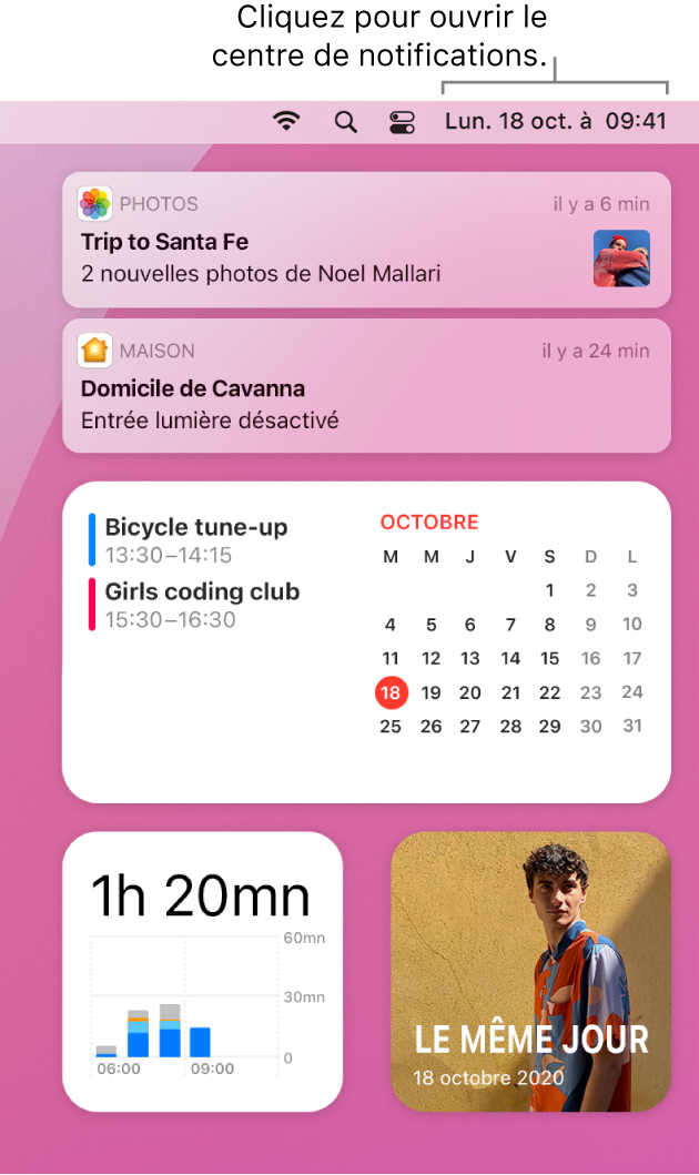 Le centre de notifications avec des notifications et des widgets pour Photos, Accueil, Calendrier et « Temps d’écran ».