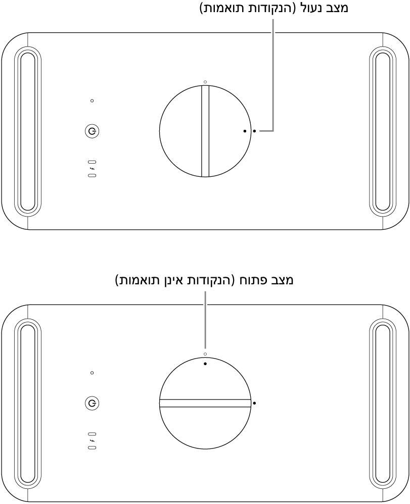 החלק העליון של מארז המחשב ובו ידית הנעילה במצב נעול ובמצב לא נעול.