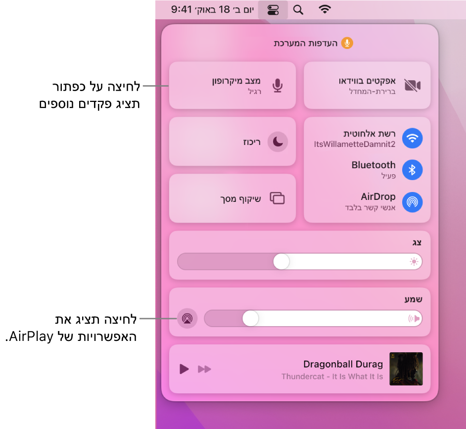 תצוגה מוגדלת של “מרכז הבקרה” ב-Mac.