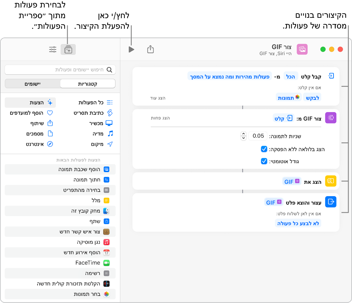 עורך הקיצור “צור GIF” מימין וספריית הפעולות משמאל.