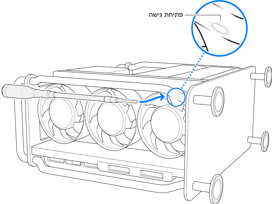 ‏Mac Pro על צדו עם מברגה גמישה המכוונת אל פתח הגישה.