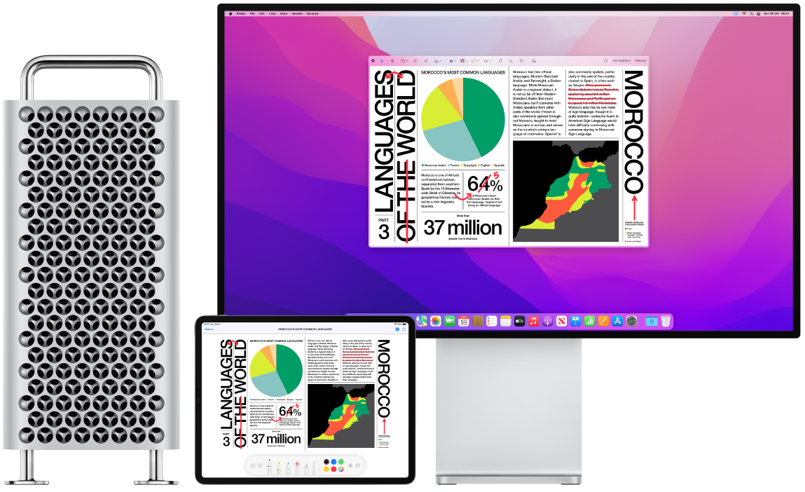 Mac Pro dan iPad berdampingan. Kedua layar menampilkan artikel yang penuh dengan pengeditan berwarna merah yang ditulis tangan, seperti kalimat yang dicoret, panah, dan tambahan kata. iPad juga memiliki kontrol markah di bagian bawah layar.