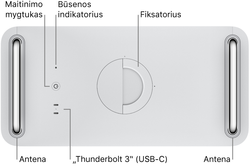 Viršutinė „Mac Pro“ pusė, matosi maitinimo mygtukas, sistemos indikatoriaus lemputė, skląstis, antena ir du „Thunderbolt 3“ (USB-C) prievadai.