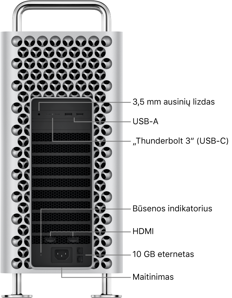 Šoninė „Mac Pro“ pusė, matosi 3,5 mm ausinių lizdas, du USB-A prievadai, du „Thunderbolt 3“ (USB-C) prievadai, būsenos indikatoriaus lemputė, du HDMI prievadai, du 10 gigabitų eterneto prievadai ir maitinimo prievadas.