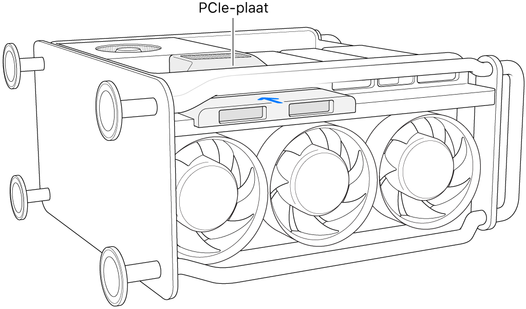 Een Mac Pro op zijn kant, waarbij de PCIe-plaat en SSD-afdekking worden aangegeven.