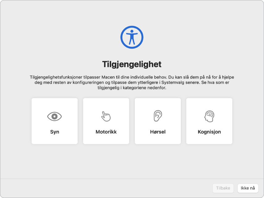 En Mac-skjerm med Oppsettassistent åpen på Velkommen-skjermen.