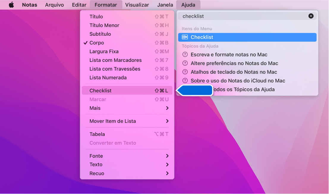 Menu Ajuda mostrando uma busca por “checklist”, com Checklist em destaque no menu Formatar.