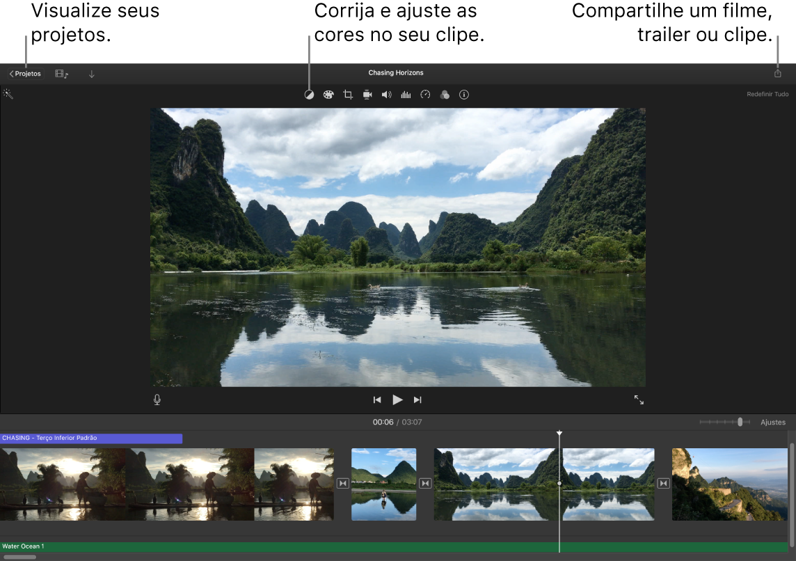 Uma janela do iMovie mostrando botões para visualizar projetos, corrigir e ajustar cores e compartilhar o filme, trailer ou clipe de vídeo.