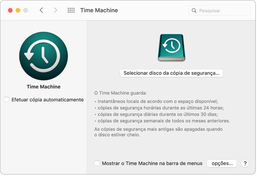 Janela da cópia de segurança do Time Machine.