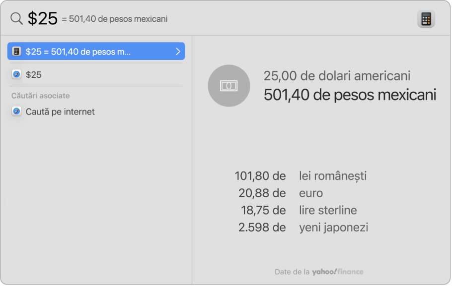 O captură de ecran afișând dolari convertiți în pesos, cu un prim rezultat care afișează conversia și alte câteva rezultate selectabile.