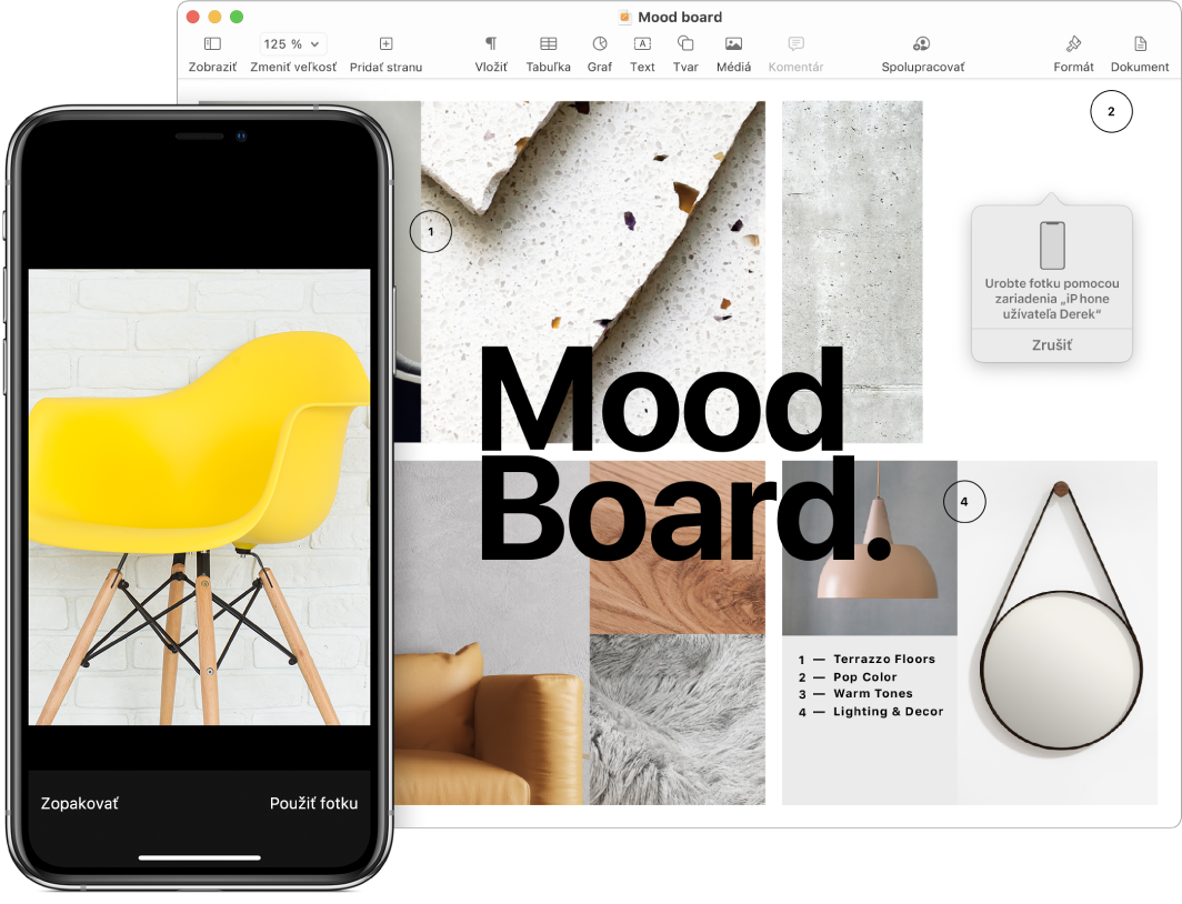 iPhone s fotkou a obrazovka Macu, na ktorej sa zobrazuje dokument Pages a v ňom rámček, do ktorého bude fotka umiestnená.