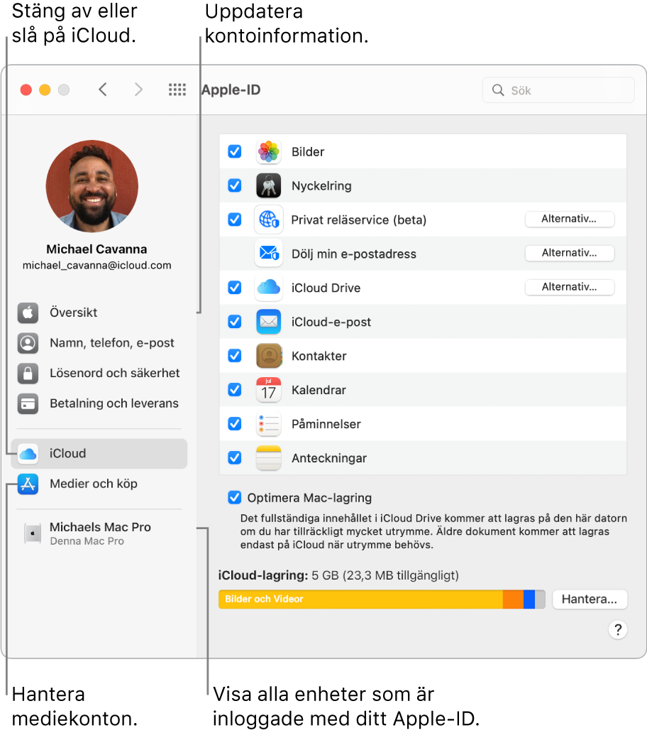 Panelen Apple‑ID i Systeminställningar. Klicka på ett objekt i sidofältet för att uppdatera din kontoinformation, slå på eller stänga av iCloud, hantera mediekonton och se alla enheter där du är inloggad med ditt Apple‑ID.