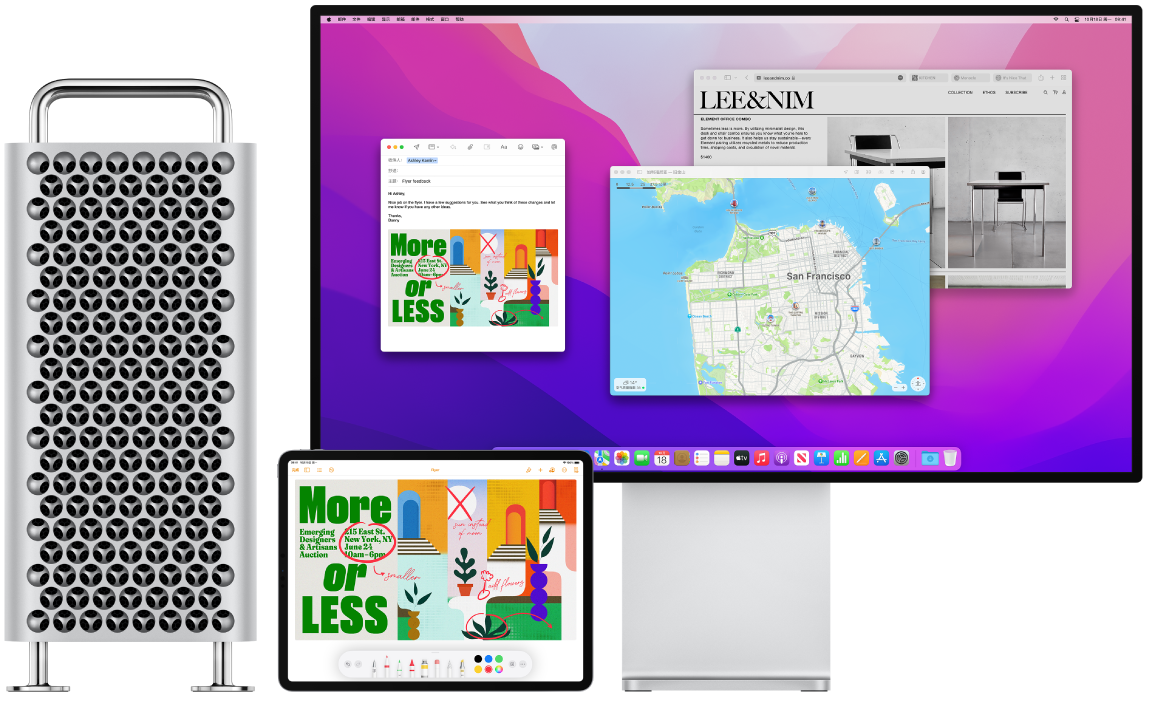 并排显示的 Mac Pro 和 iPad。iPad 屏幕显示带有注解的传单。Mac Pro 所使用的显示器显示“邮件”信息，其中附件为来自 iPad 的带注解的传单。