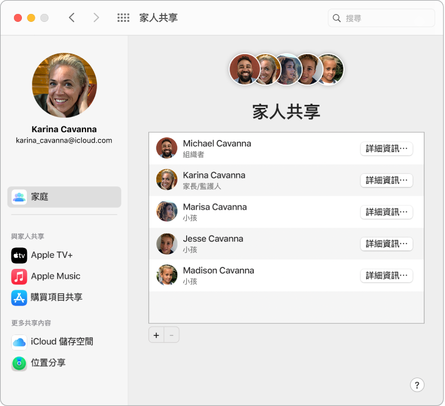 偏好設定視窗顯示「家人共享」設定。