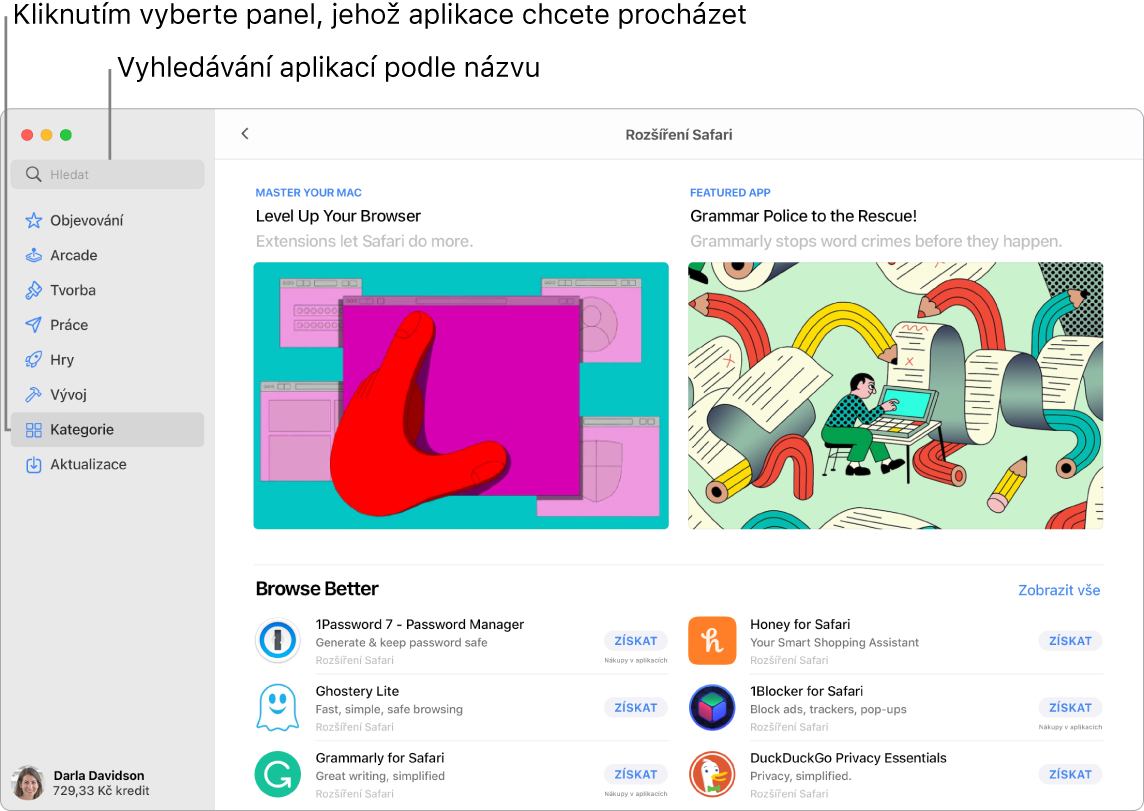 Okno App Storu s vyhledávacím polem a stránkou rozšíření Safari