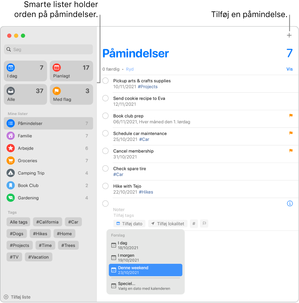 Et vindue i Påmindelser med smarte lister til venstre og andre påmindelser og lister nedenfor. Et lille vindue på menuen Forslag er åbent med forslag til I dag, I morgen, Denne weekend og Speciel.