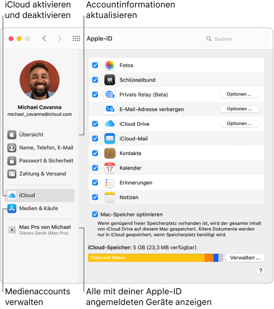 Der Bereich „Apple-ID“ der Systemeinstellungen. Klicke auf ein Objekt in der Seitenleiste, um deine Accountinformationen zu aktualisieren, iCloud zu aktivieren oder zu deaktivieren, Medienaccounts zu verwalten und alle mit deiner Apple-ID angemeldeten Geräte anzuzeigen.