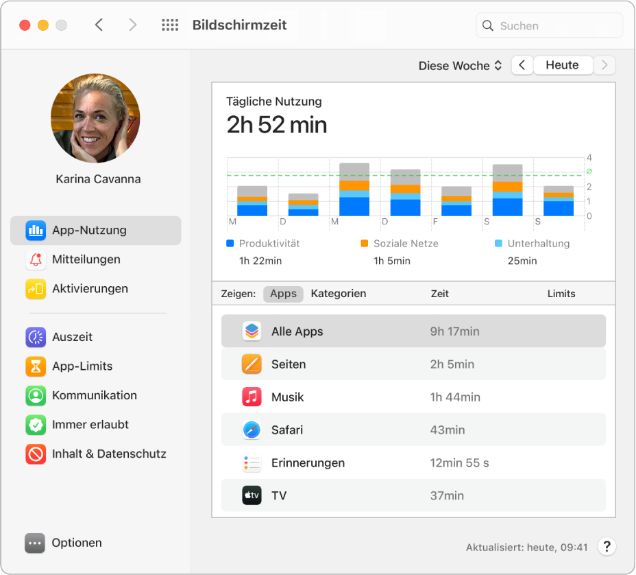 Ein Bildschirmzeit-Fenster mit der mit verschiedenen Apps brachten Zeit