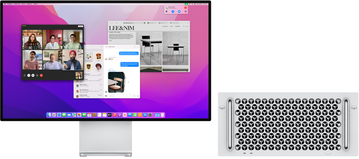 Ένα Mac Pro συνδεδεμένο σε μια οθόνη Pro Display XDR, με το γραφείο εργασίας όπου εμφανίζονται το Κέντρο ελέγχου και διάφορες ανοιχτές εφαρμογές.