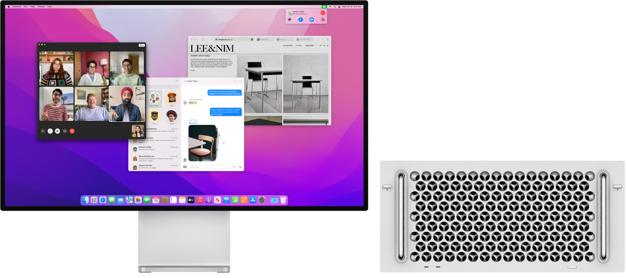 A Mac Pro connected to a Pro Display XDR, with the desktop  showing Control Center and several open apps.