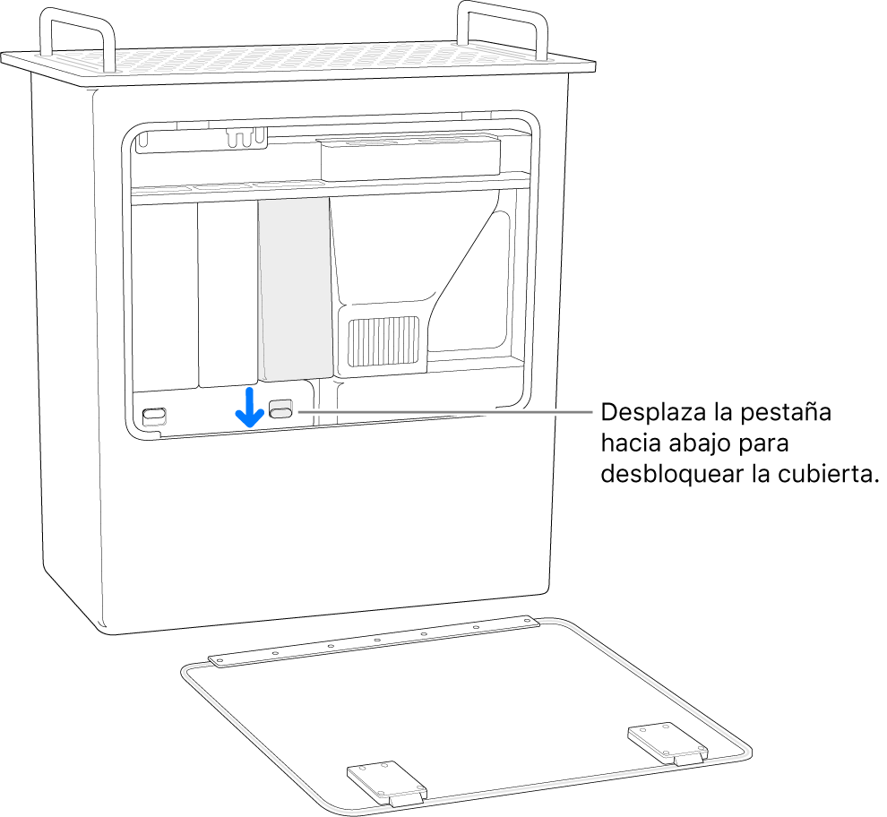 Se resalta el pestillo que desbloquea la cubierta de los DIMM de un Mac Pro colocado sobre su base.