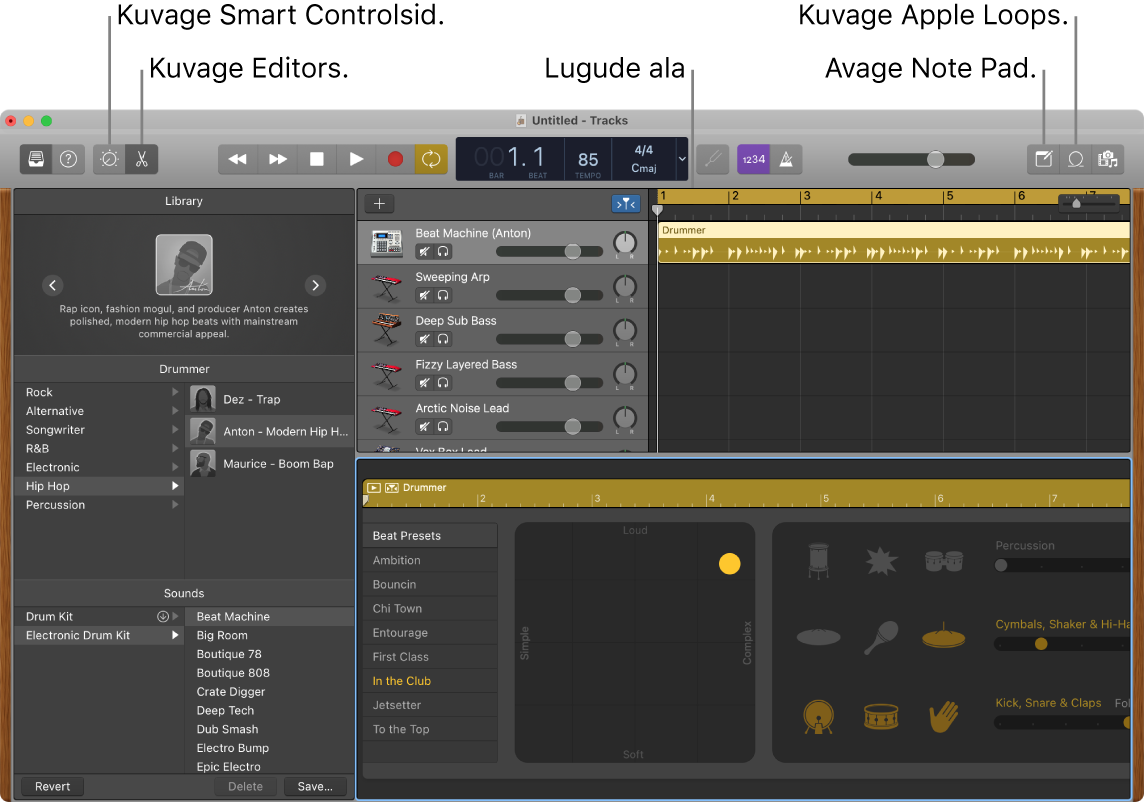 Rakenduse GarageBand aken funktsioonide Smart Controls, Editors, Notes ja Apple Loops nuppudega. Aknas on ka radade jaotis.