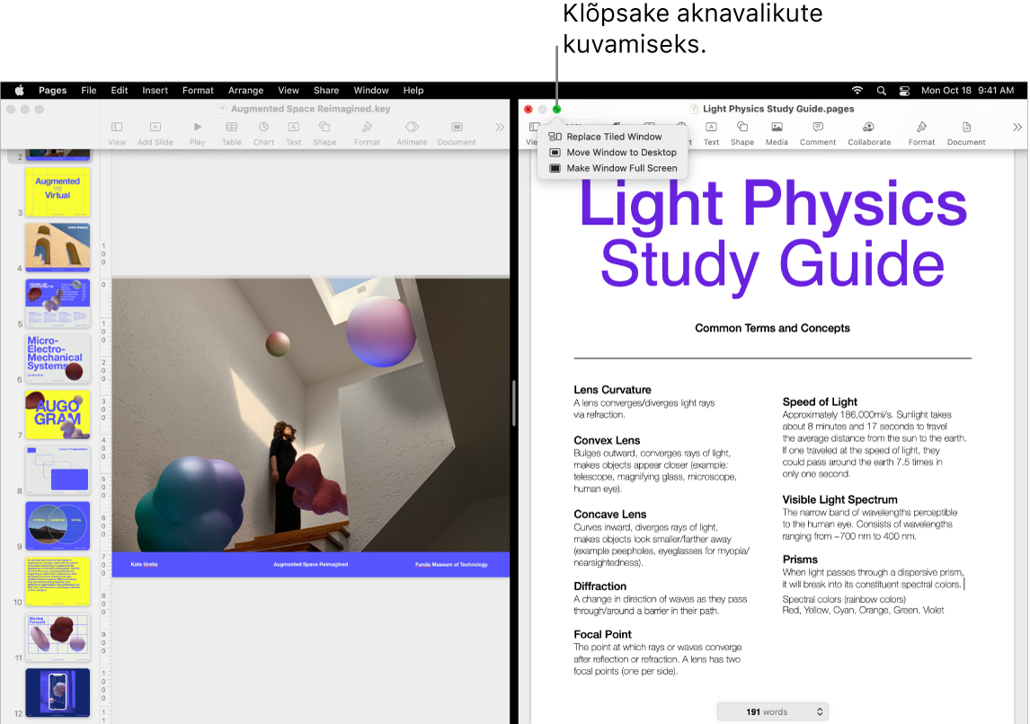 Keynote'i esitlus täidab ekraani vasaku poole ning Pagesi dokument täidab parema poole. Rohelise nupu all on avatud hüpikmenüü, milles kuvatakse valikuid Replace Tiled Window, Move Window to Desktop ja Make Window Full Screen.