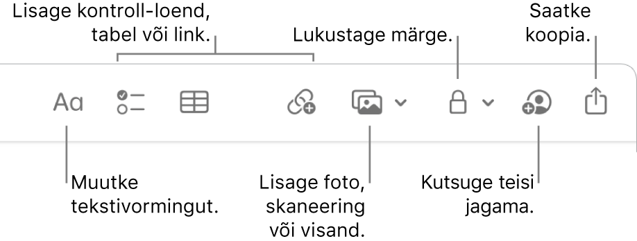 Tööriistariba Notes, millel kuvatakse tekstivormingu, ülesandeloendi, tabeli, lingi, fotode/meedia, lukustamise, jagamise ning kopeerimise tööriistu.