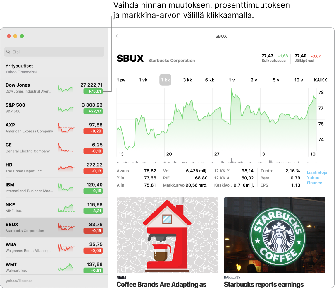 Pörssi-näyttö, jossa näkyy tietoja ja artikkeleita valitusta osakkeesta.