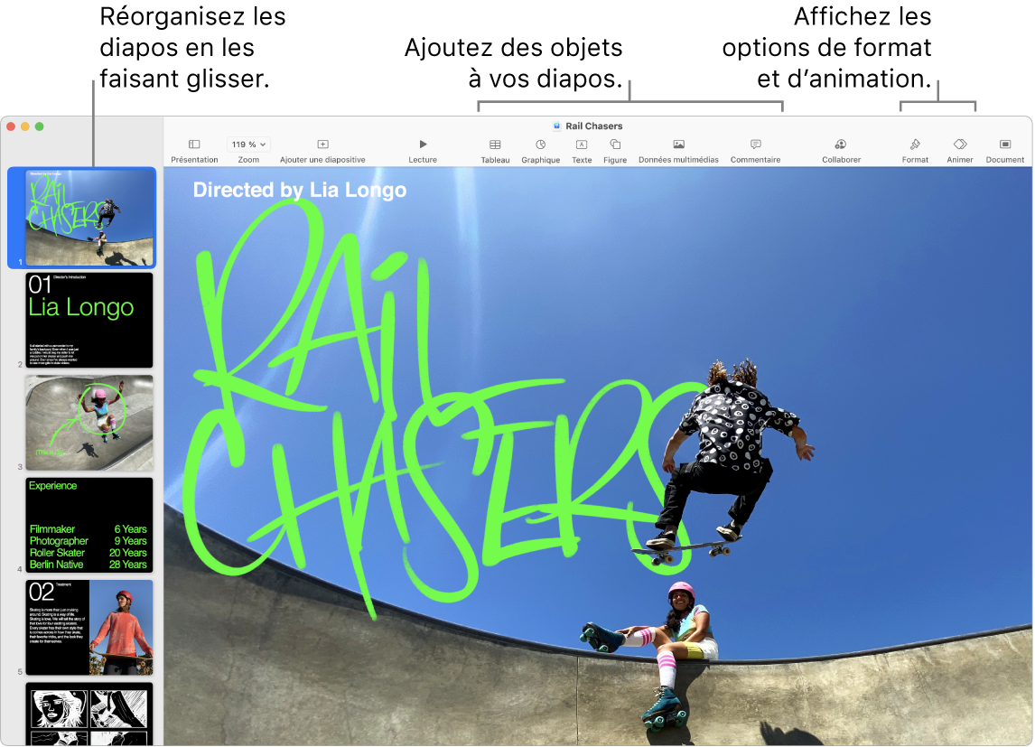 Fenêtre de Keynote affichant le navigateur de diapositives sur la gauche et comment réorganiser les diapositives, la barre d’outils et les outils d’édition en haut, le bouton Collaborer en haut à droite, et les boutons Format, Animer et Document sur la droite.
