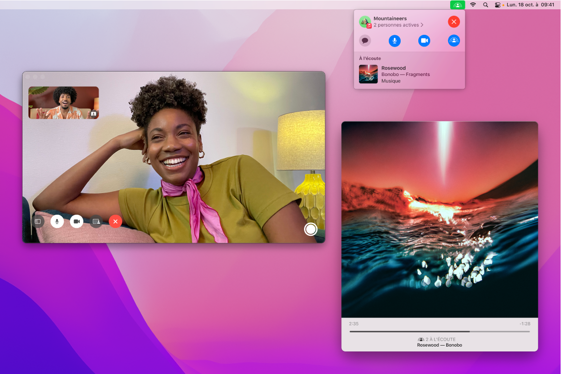 Expérience d’écoute partagée avec les participants dans la fenêtre FaceTime et une fenêtre de l’app Musique qui lit un morceau.