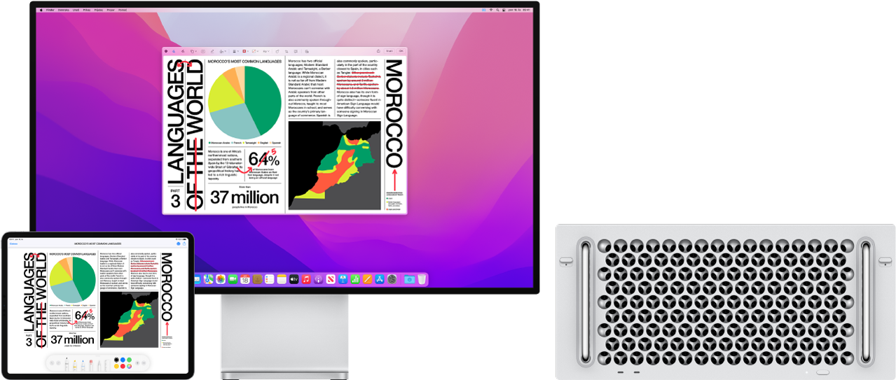Mac Pro i iPad jedan do drugog. Oba zaslona prikazuju članak prekriven nažvrljanim crvenim uređivanjima poput prekriženih rečenica, strelica i dodanih riječi. iPad također ima kontrole za označavanje pri dnu zaslona.