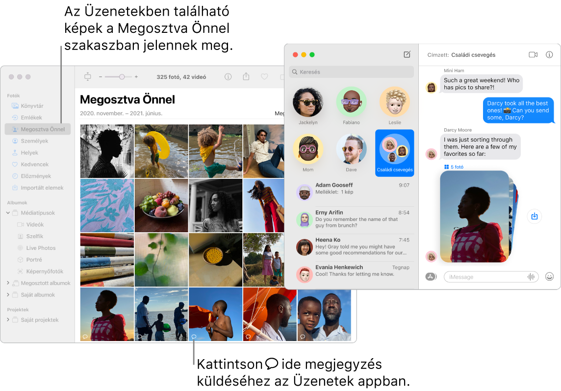 Egy Üzenetek-beszélgetést a jobb oldalon egy fotópaklival, valamint a Fotók ablakában látható Megosztva Önnel rész az Üzenetek appban megosztott fotókkal.