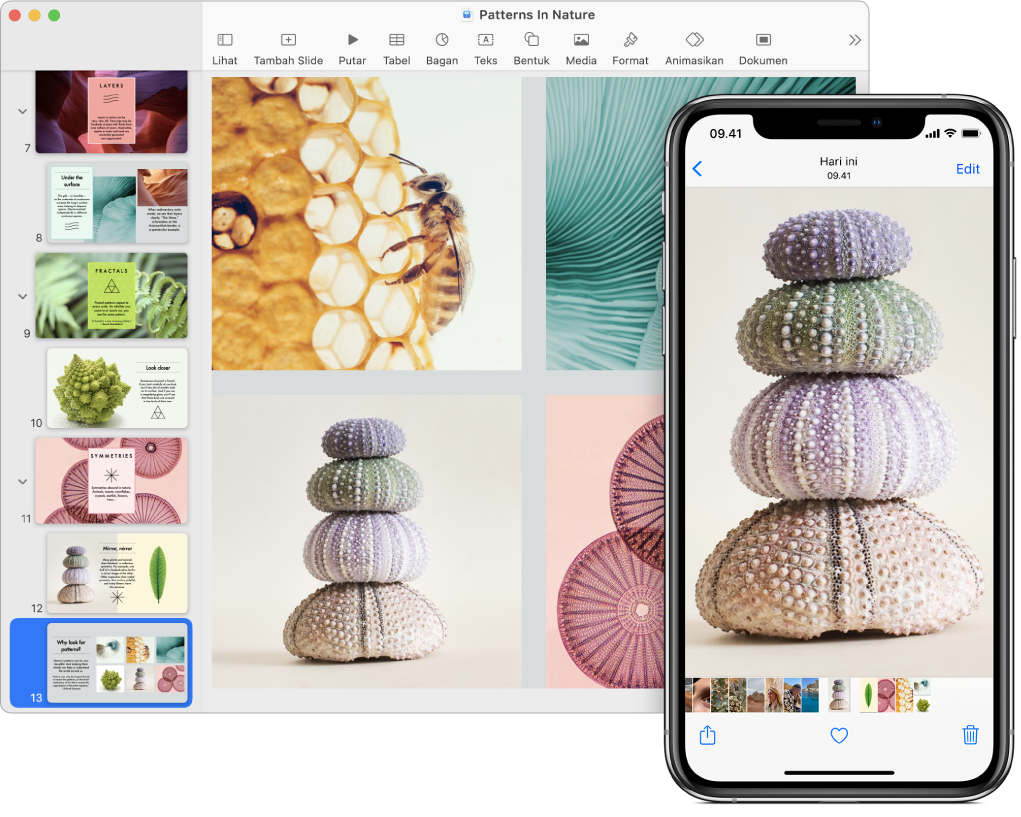 iPhone menampilkan foto, di samping Mac yang menampilkan foto tersebut setelah ditempel ke dalam presentasi Keynote.